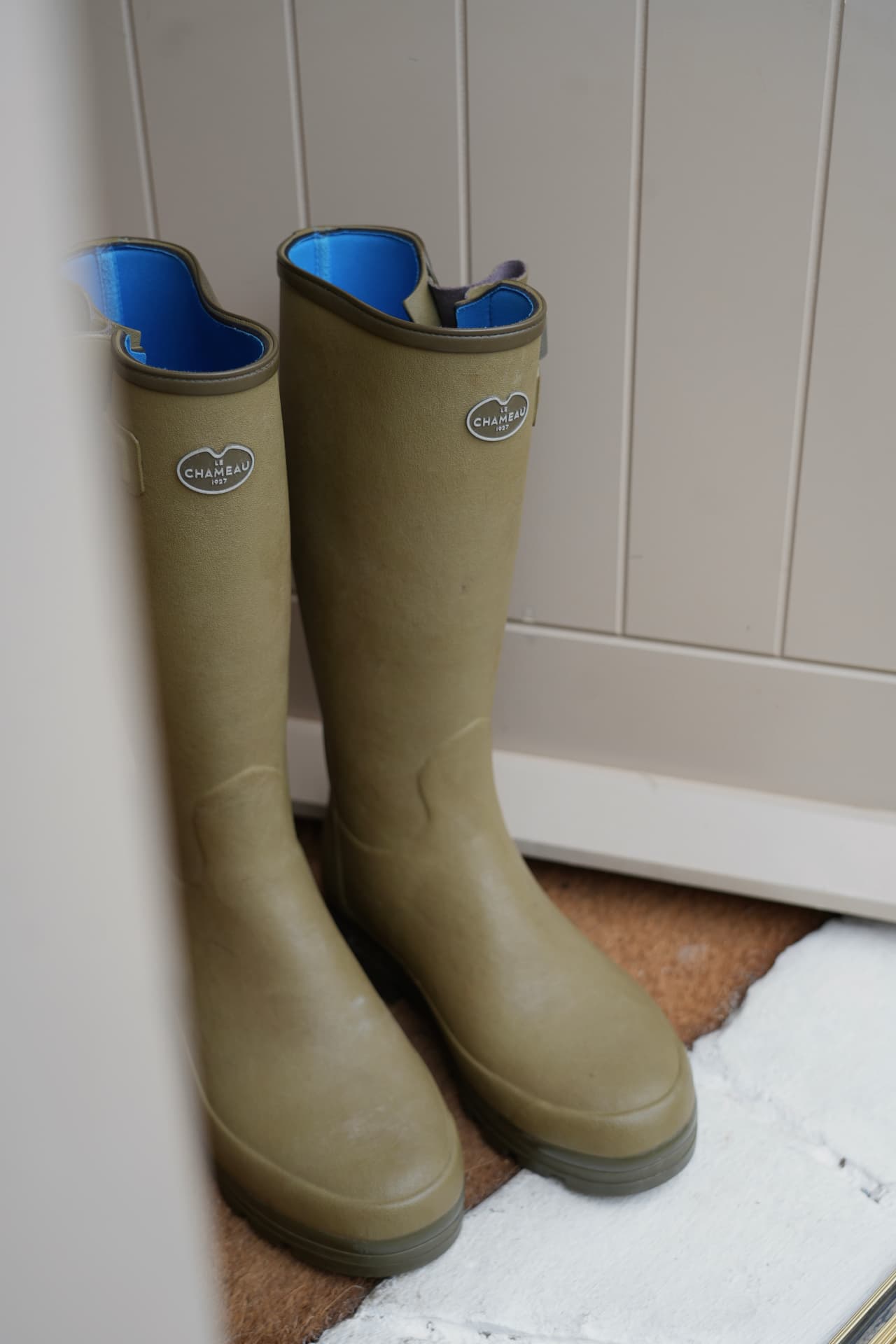 Green wellington boots by a panelled door