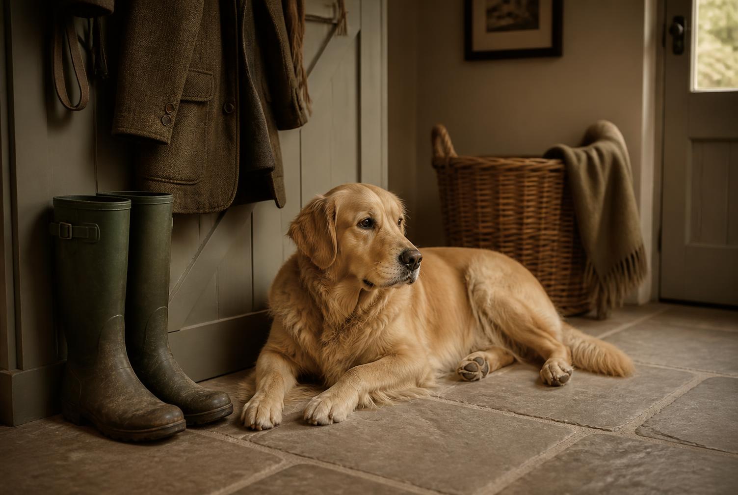Golden retriever resting beside wellingtons in a boot room