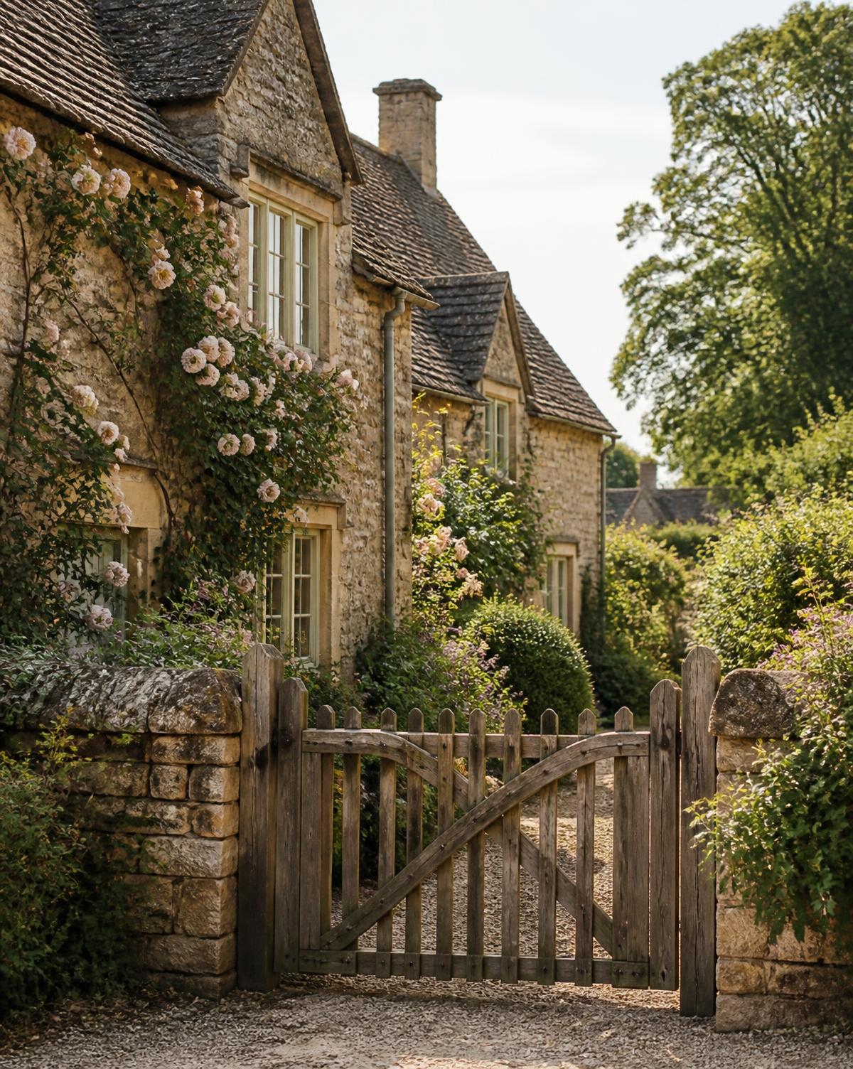 Honey-stone cottage with climbing roses and a wooden gate
