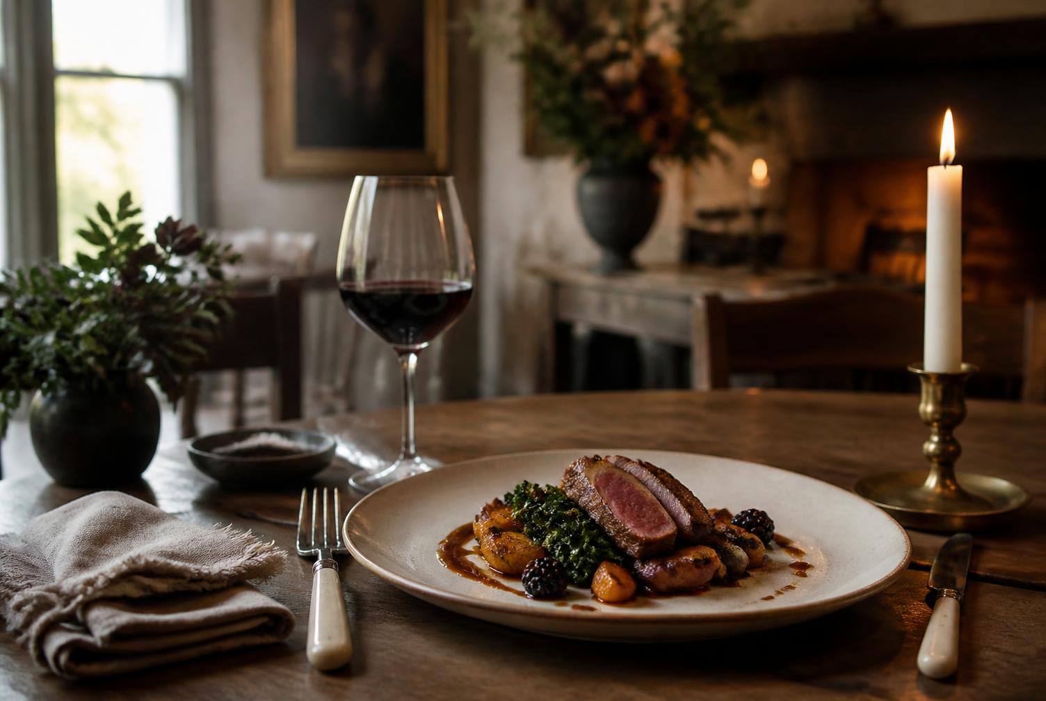 Plated dish and red wine on a candlelit dining table