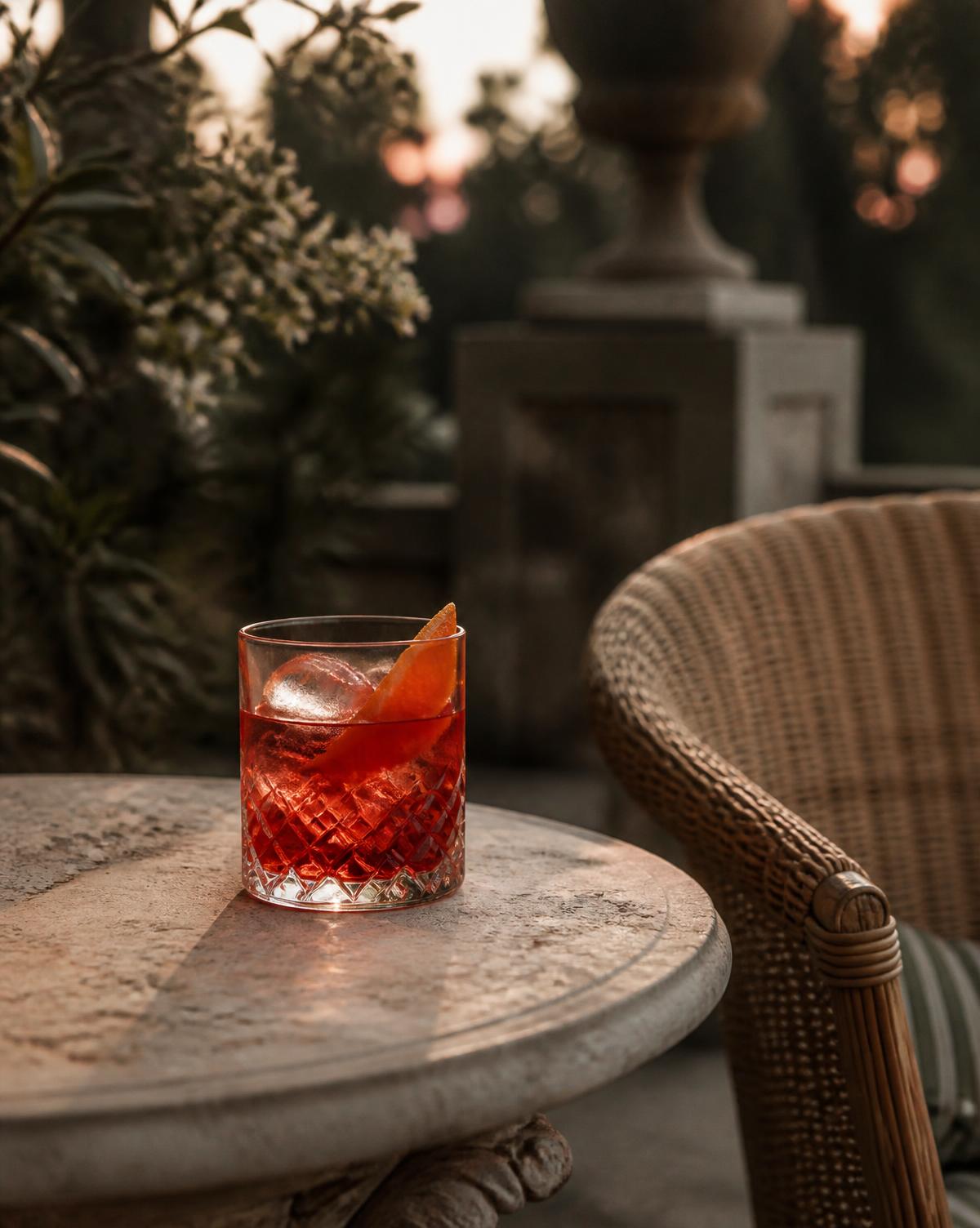 Negroni on a stone garden table at golden hour