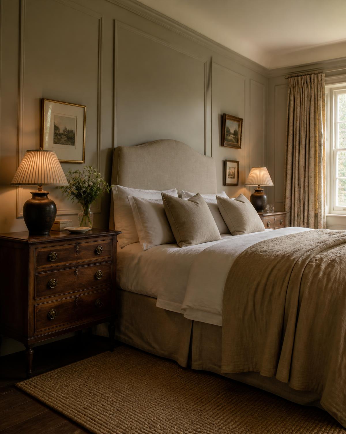 Panelled bedroom with linen bedding and warm lamplight