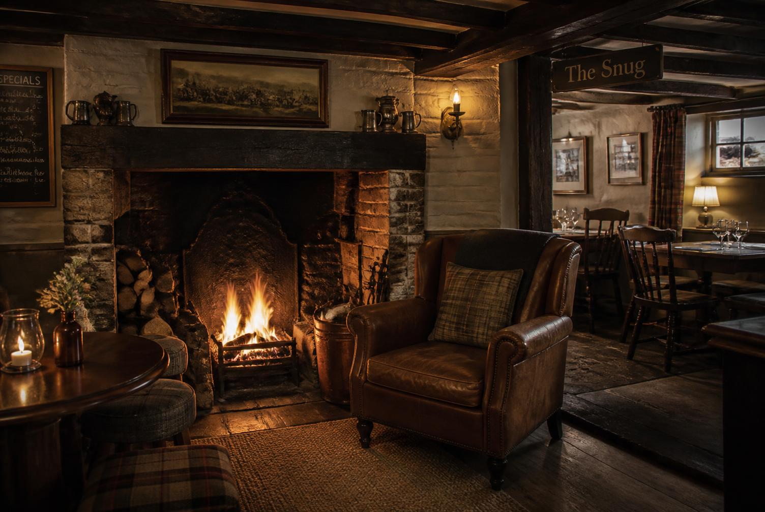 Beamed pub snug with an open fire and leather armchair