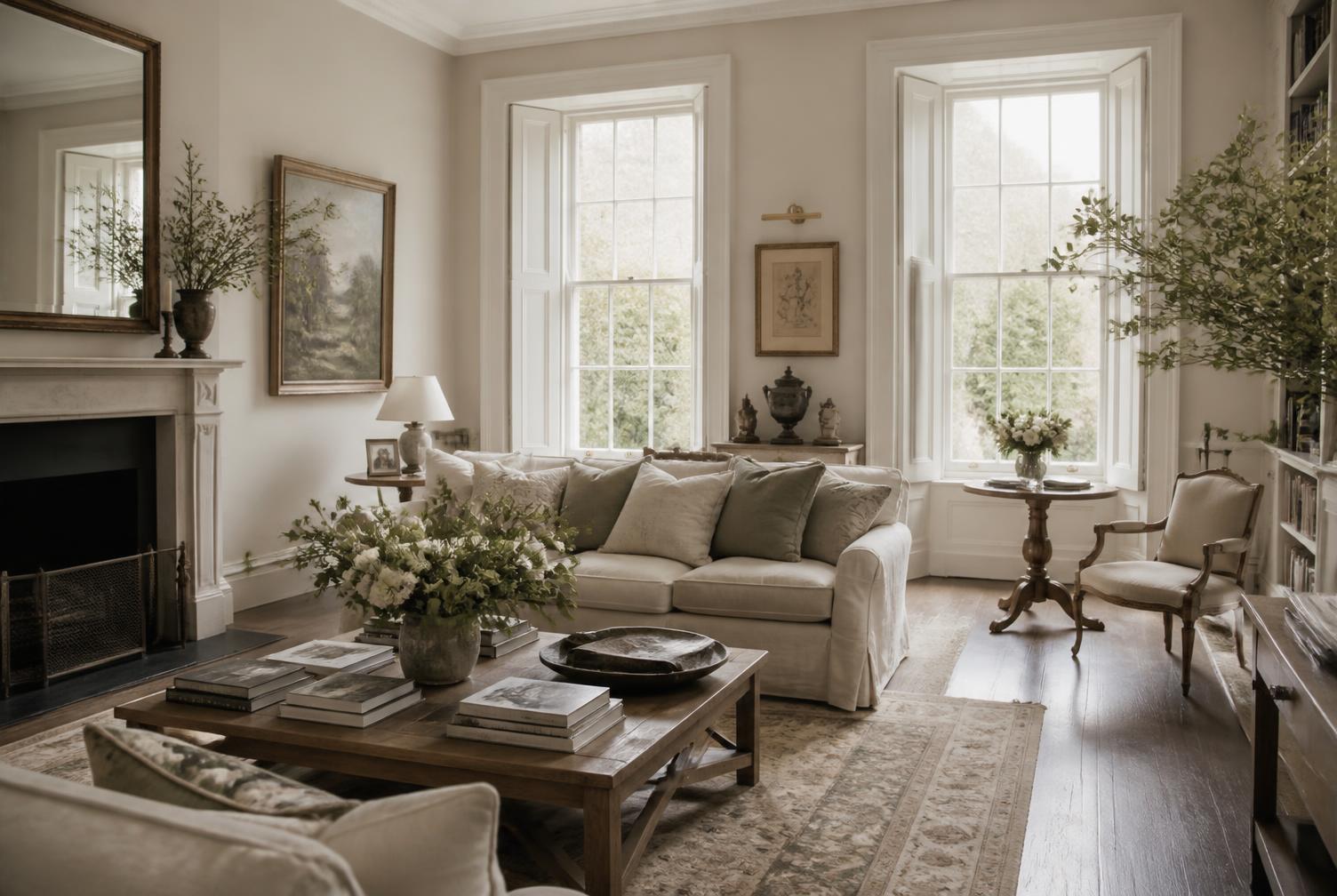 Country house drawing room with tall sash windows