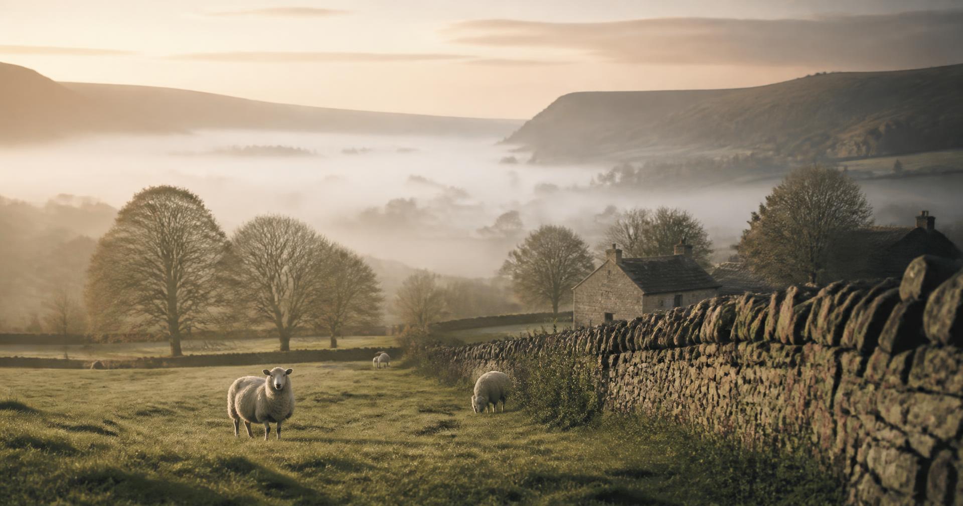 Mist over a Cotswolds valley at dawn with dry stone walls